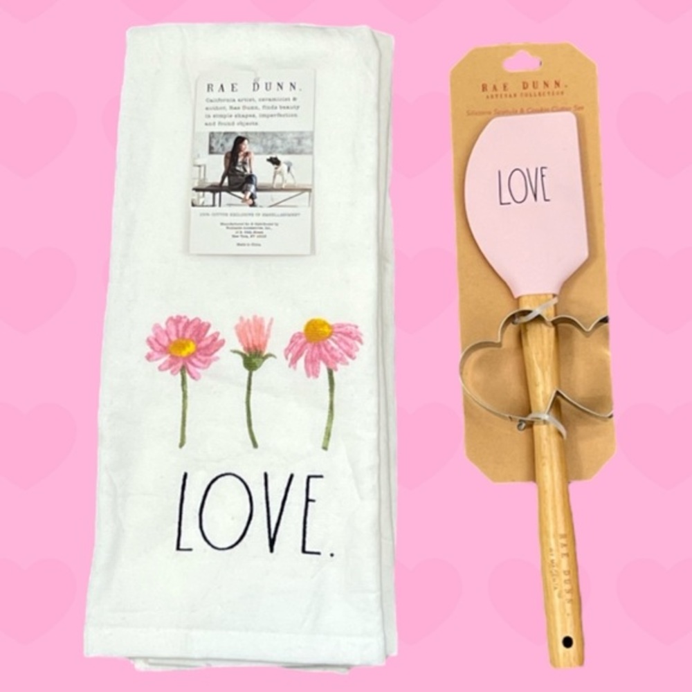 Rae Dunn - ‘Love Flower bundle’ dish towels (2), spatula & cookie cutter. NWT